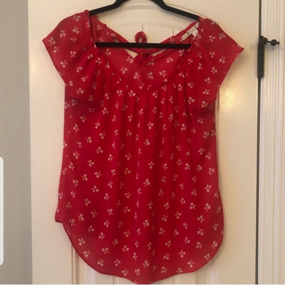 LC Lauren Conrad Pleated Neckline Bow Blouse